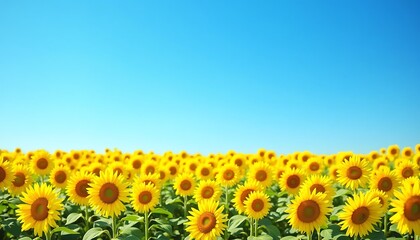 Fototapeta premium Vibrant Yellow Sunflower Field Blooming Under Clear Blue Sky in Sunny Landscape