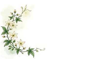 Floral Vine with White Blossoms and Green Leaves on Watercolor Background
