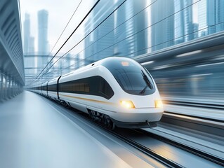 Fototapeta premium A highspeed bullet train gliding through futuristic cityscapes, sleek and modern rail travel experience