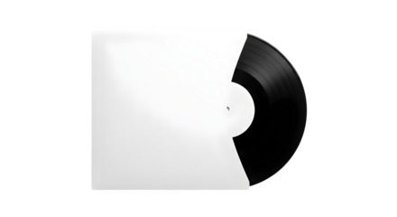 A black vinyl record partially inside a white sleeve against a black background   ai generative, transparent background, white background.