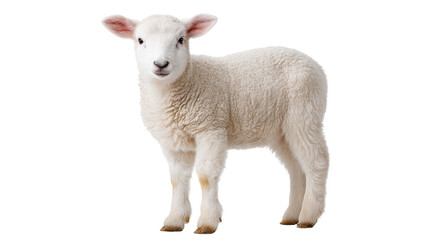 Cute isolated lamb stands on transparent background showing soft wool and innocence