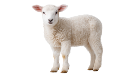 Cute isolated lamb stands on transparent background showing soft wool and innocence