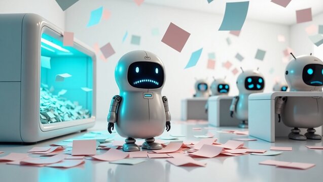 A tiny 3D white robot that can only stand silently looking at the photocopier that is having an error, papers are scattered everywhere and making the office room messy