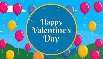 Colorful balloons float above hills