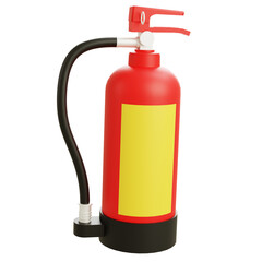 Red fire extinguisher standing upright with a black hose, safety pin, and yellow label isolated on white background for emergency use.

