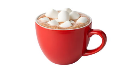 A vibrant red mug filled with hot chocolate and topped with fluffy marshmallows ai generative, transparent background, white background.