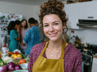 Happy woman wearing apron in kitchen with fresh vegetables and friends