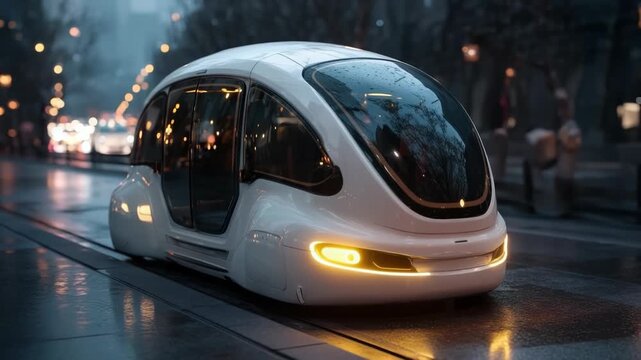 Futuristic autonomous pod vehicle traveling on city streets at night showcasing future mobility