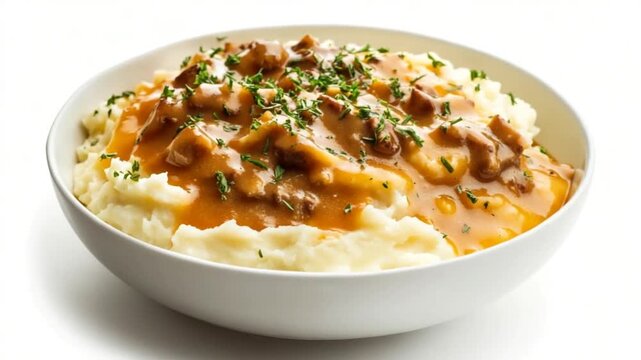 Bowl of creamy mashed potatoes with gravy and herbs garnish