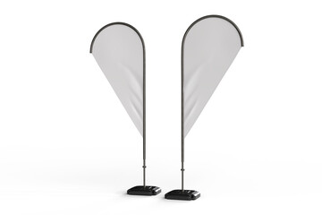 3D Flying Feather Flag Banner Stand Mockup isolated on background. Blank template waving flags on flagpoles for branding, promotion, marketing, advertising, banners, exhibition, event or announcement