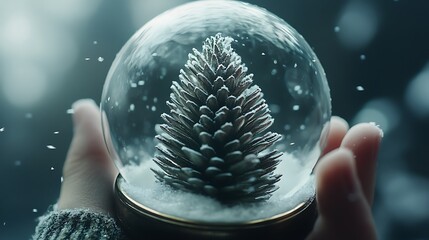 Snow globe holding a geometric pine tree with shimmering snowflakes