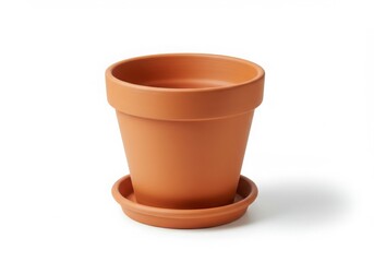 Terracotta pot and saucer on white background