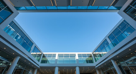 Modern architectural courtyard view to a clear sky