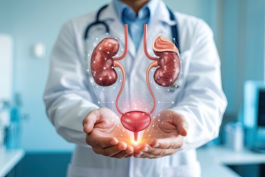Doctor holding a 3d illustration of the human urinary system including kidneys and bladder with a glowing network overlay