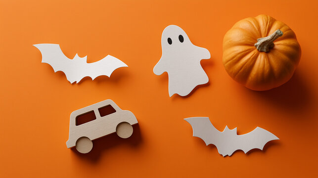 Halloween Elements on Orange Background Flat Lay