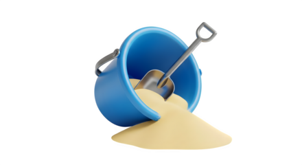 A blue bucket tipped over with sand spilling out and a shovel inside on black background   ai generative, transparent background, white background.