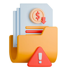 Economic crisis and recession 3d illustration, financial documents inside a folder with a large warning alert symbol, featuring a dollar sign and downward arrow.