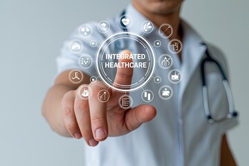 Doctor interacting with a digital interface displaying integrated healthcare concept with various medical icons and symbols