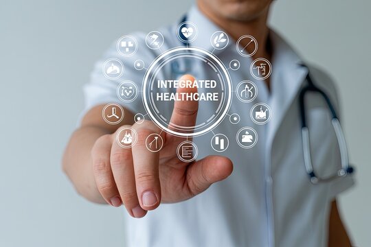 Doctor interacting with a digital interface displaying integrated healthcare concept with various medical icons and symbols - Powered by Adobe