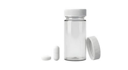 A clear bottle with a white lid and two white pills on a black background space   ai generative, transparent background, white background.