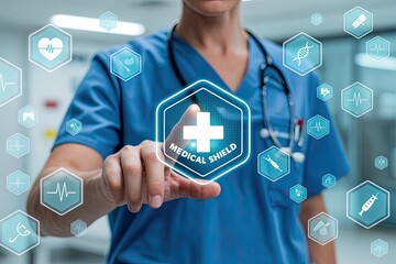 Doctor interacting with a futuristic medical interface displaying health icons and a central medical shield symbol