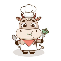 Cute kawaii chef cow holds spoon and fork. Cook character eats healthy broccoli. Cartoon isolated vector illustration on white background