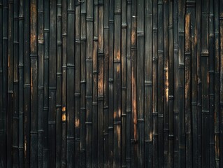 Obraz premium A detailed view of a bamboo wall showcases its unique textures and rich color variations. The surface highlights the natural beauty and rustic appeal of bamboo materials used in construction.