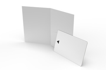 3D Realistic plastic hotel apartment keycard with magnetic strip and booklet holder, open leaflet mockup isolated on background. Blank template for branding hotel key card, credit card, guest room
