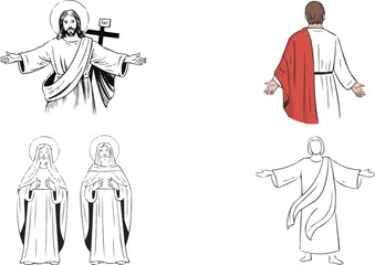 Line Art Depicting Christian Figures Jesus Christ with Open Arms and Holy Women Praying