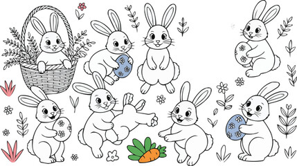 Obraz premium Line Art Easter Bunnies with Basket, Easter Eggs, and Carrot Illustration Design Elements