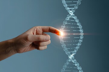 Human finger touching a glowing digital dna helix representing genetic research and scientific discovery in biotechnology