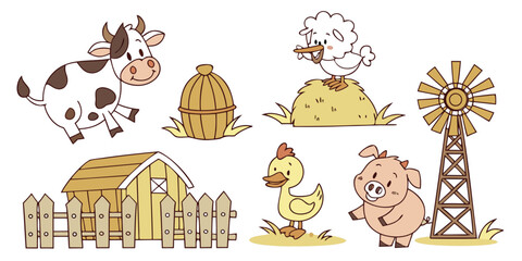 Cute cartoon farm animals and buildings isolated on white background.eps