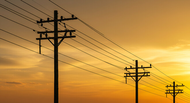 Silhouette of power lines at sunset
