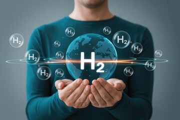 Man holding a glowing digital globe surrounded by h2 molecules representing clean hydrogen energy and sustainability for the planet