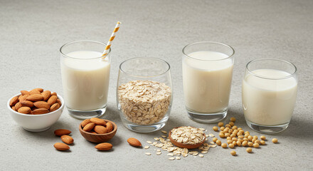 Plant based milk variety ingredients display