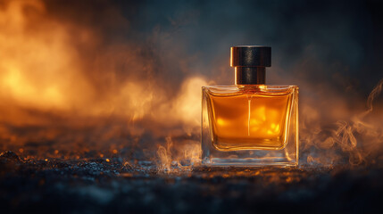 Perfume Bottle on Dark Surface with Smoky Background
