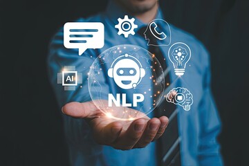 Man holding a glowing globe with nlp chatbot and ai technology icons representing communication and innovation