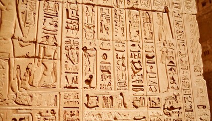 Naklejka premium Ancient hieroglyphs carved on a light beige stone surface