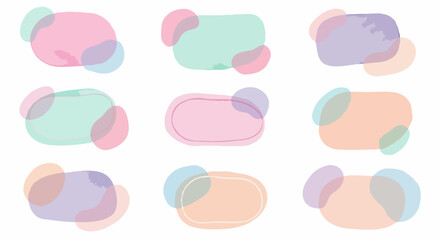 A collection of abstract watercolor shapes designed as label bases, various organic and rounded forms with soft edges, pastel tones (pink, mint green, lavender, peach)
