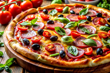 Melty Cheese Pizza Close-Up with Fresh Toppings and Crispy Crust, Generative AI