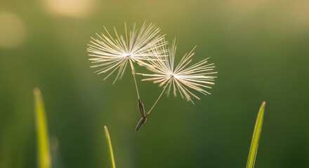Fototapeta premium Two delicate, backlit dandelion seeds float gracefully on the wind above green grass.
