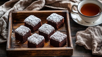 Classic Australian lamington sponge cakes coated in chocolate and rolled in desiccated coconut, arranged neatly on a rustic wooden tray with a cup of tea beside.