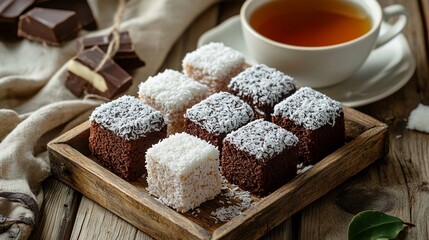 Classic Australian lamington sponge cakes coated in chocolate and rolled in desiccated coconut, arranged neatly on a rustic wooden tray with a cup of tea beside.