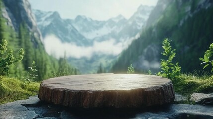 Wooden stump platform in a mountain valley scene