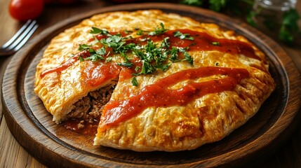 Golden-brown Australian meat pie with flaky crust, filled with minced beef and gravy, topped with tomato sauce, served on a rustic wooden plate.