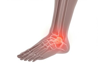 Anatomical illustration of an ankle with highlighted pain and bones