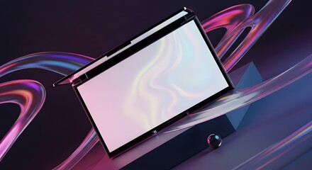 Abstract digital art of a floating screen with holographic textures metallic curves and geometric shapes illuminated by neon colors in a dark background.