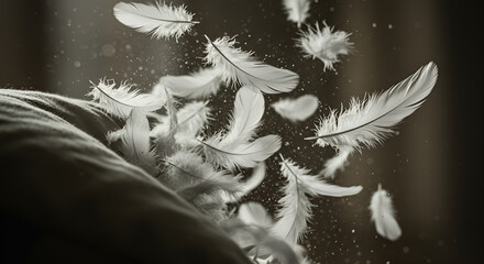 White feathers falling on a dark pillow