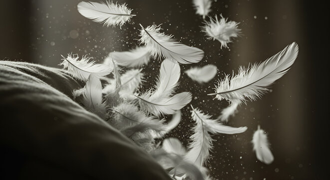 White feathers falling on a dark pillow