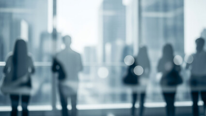 Blurred people in a building interior with large windows overlooking a city.